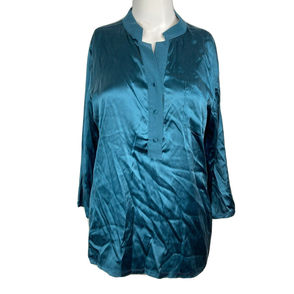 Pamela Dennis Shirt Womens Sz S Teal Blue‎ Silk Satin Button Popover Blouse